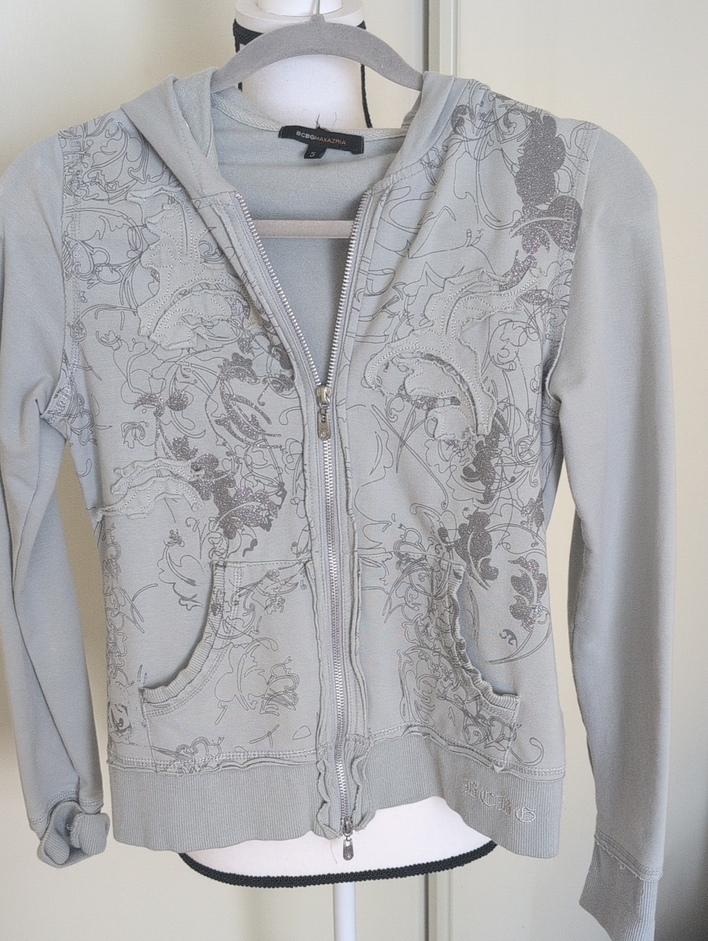 BCBGMaxAzria Light Gray Zip Hoodie with Subtle Floral Print